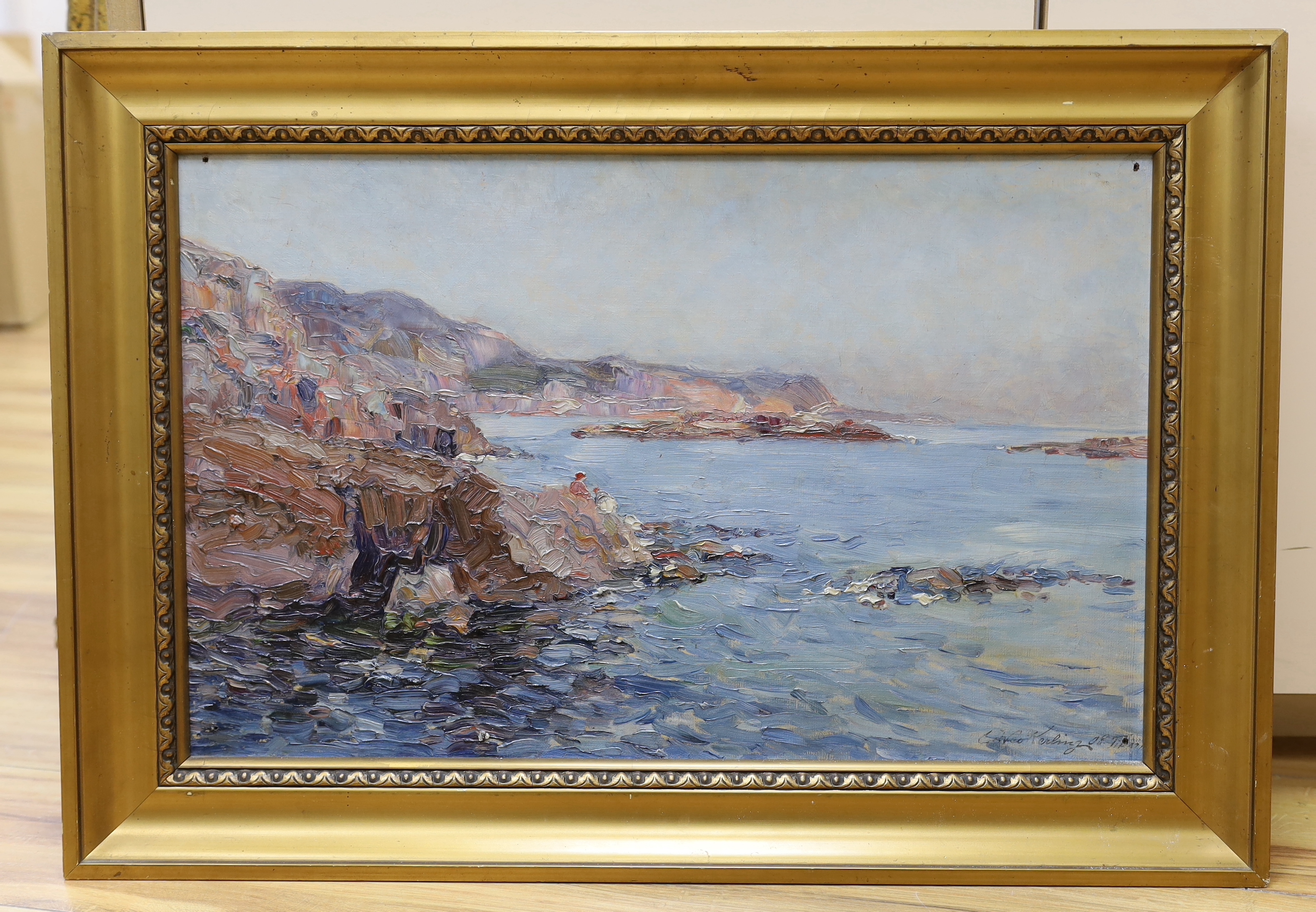 S. N. Kerling, impasto oil on canvas, Coastal landscape, signed and indistinctly dated, 34 x 54cm